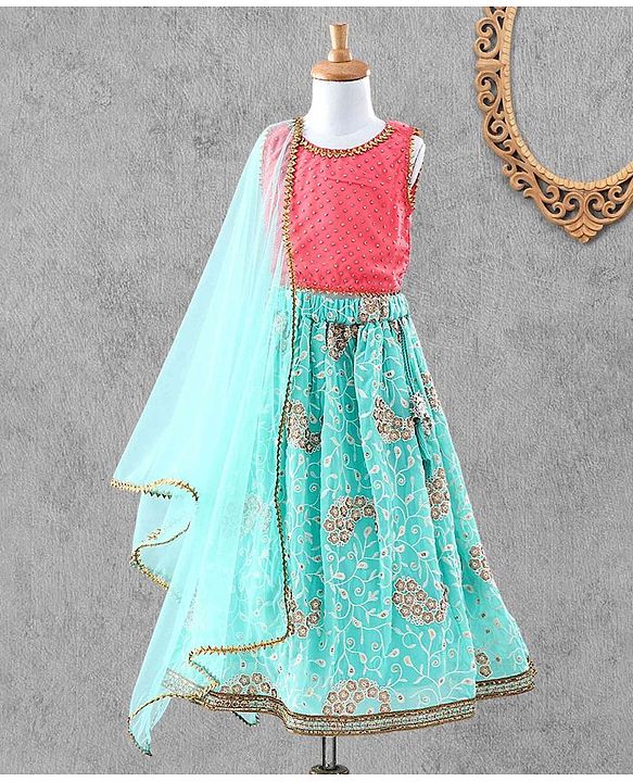 Bayhug Sleeveless Studded Choli & Embroidered Lehenga with Dupatta - Fuchsia & Sky Blue