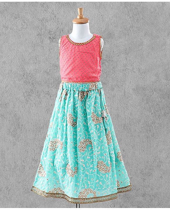 Bayhug Sleeveless Studded Choli & Embroidered Lehenga with Dupatta - Fuchsia & Sky Blue