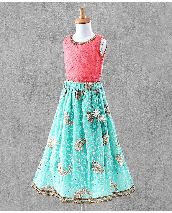 Bayhug Sleeveless Studded Choli & Embroidered Lehenga with Dupatta - Fuchsia & Sky Blue