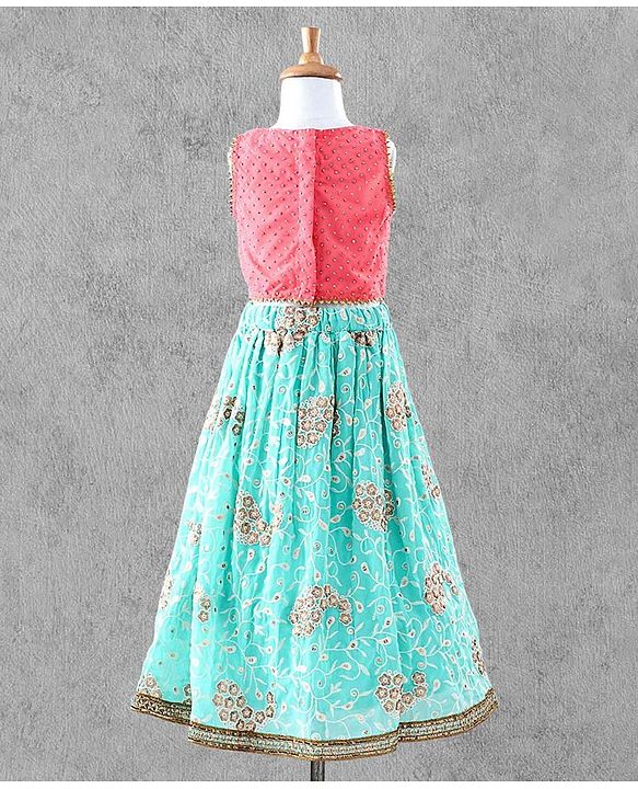 Bayhug Sleeveless Studded Choli & Embroidered Lehenga with Dupatta - Fuchsia & Sky Blue