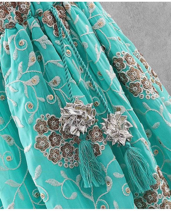 Bayhug Sleeveless Studded Choli & Embroidered Lehenga with Dupatta - Fuchsia & Sky Blue