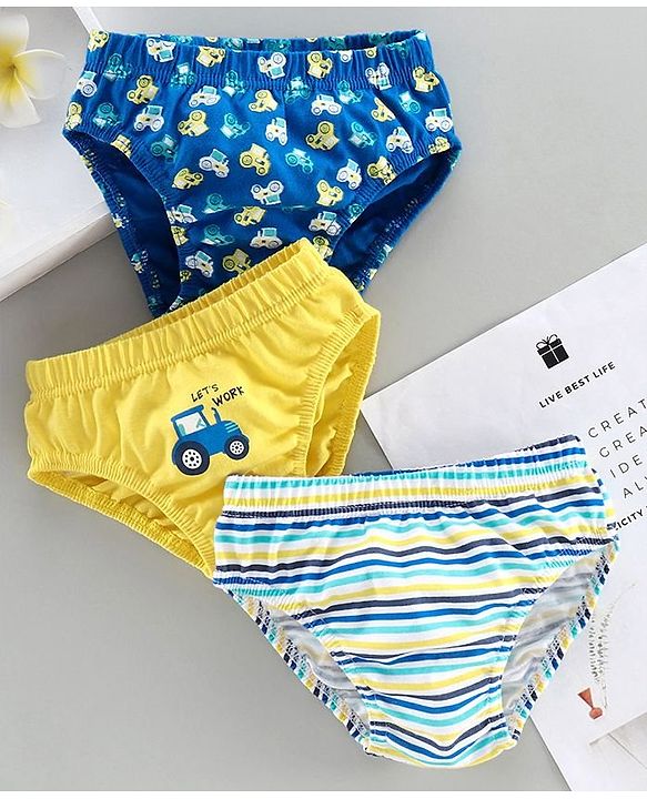 Babyhug 100% Cotton Briefs Vehicle Print Pack of 3 - Blue Yellow White
