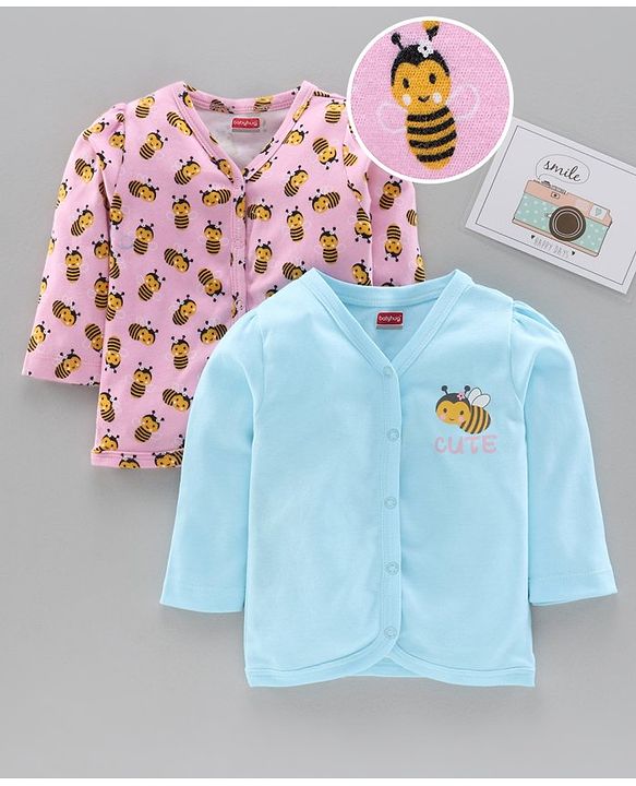 Babyhug 100%Cotton Full Sleeves Vests Honey Bee Print Pack of 2 - Blue Pink