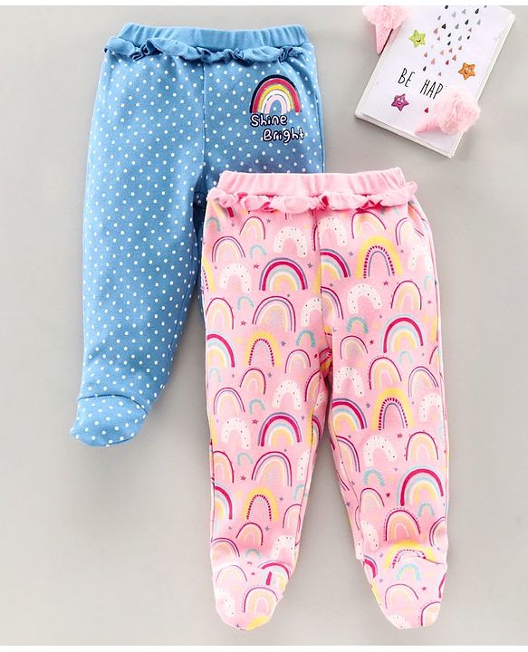 Babyhug Bootie Leggings Dots & Rainbow Print Pack Of 2 - Blue Pink
