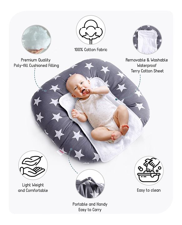 Babyhug 100% Cotton Premium Baby Lounger With Waterproof Sheet Star Print - Black