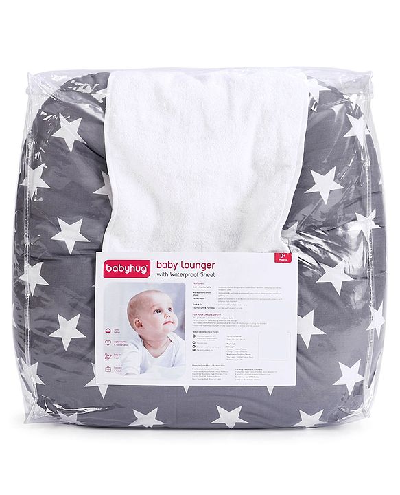 Babyhug 100% Cotton Premium Baby Lounger With Waterproof Sheet Star Print - Black