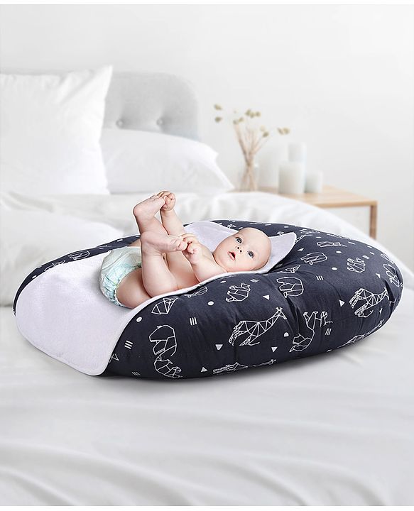 Babyhug 100% Cotton Premium Baby Lounger With Waterproof Sheet Geometric Animals Print - Black