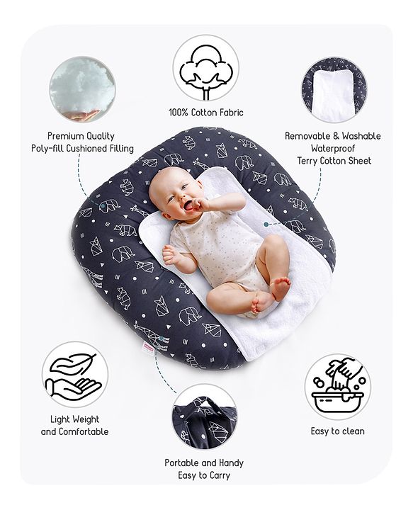 Babyhug 100% Cotton Premium Baby Lounger With Waterproof Sheet Geometric Animals Print - Black