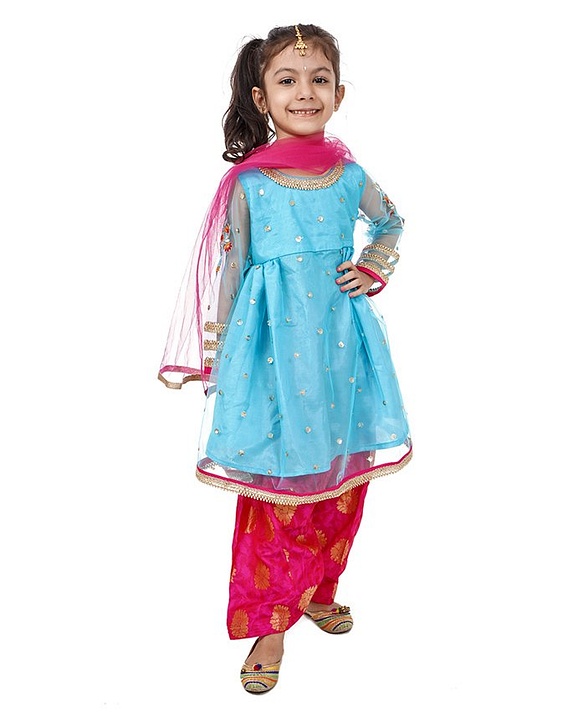 Babyhug Full Sleeves Top and Dhoti Set with Net Dupatta Glitter Print - Blue