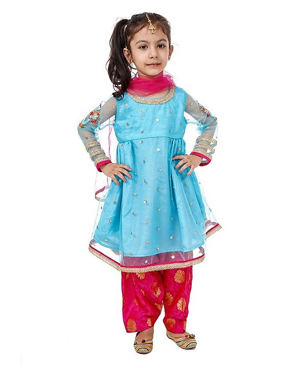 Babyhug Full Sleeves Top and Dhoti Set with Net Dupatta Glitter Print - Blue