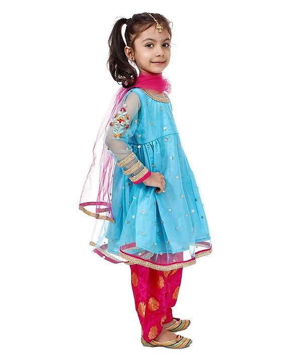 Babyhug Full Sleeves Top and Dhoti Set with Net Dupatta Glitter Print - Blue