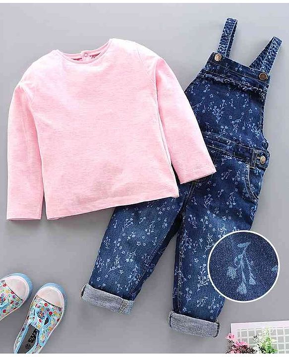 Babyhug Dungaree with Full Sleeves Inner Tee Leaf Print - Blue Pink