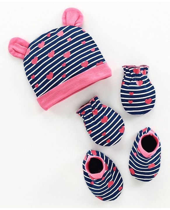 Babyhug 100% Cotton Cap, Mitten & Booties Striped Print Navy Blue - Diameter 10.5 cm