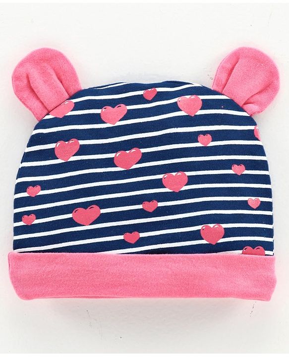 Babyhug 100% Cotton Cap, Mitten & Booties Striped Print Navy Blue - Diameter 10.5 cm