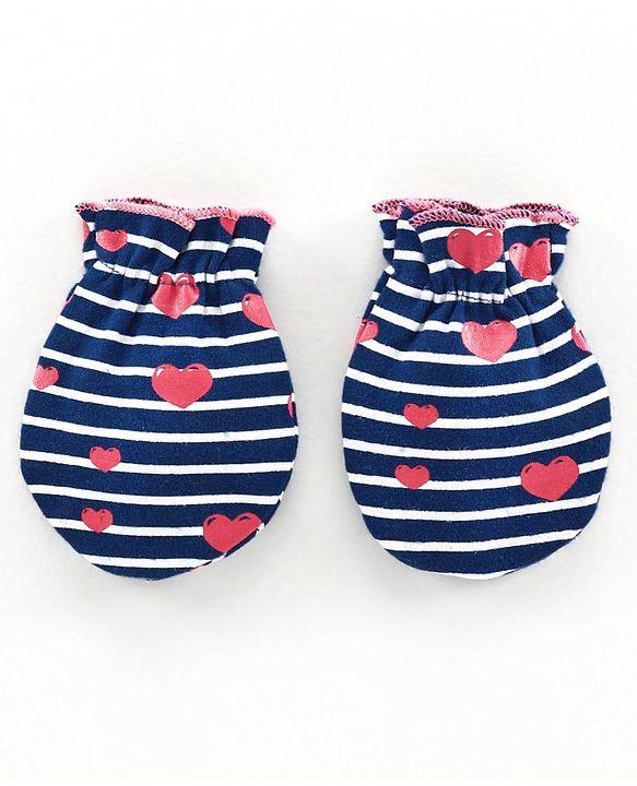 Babyhug 100% Cotton Cap, Mitten & Booties Striped Print Navy Blue - Diameter 10.5 cm