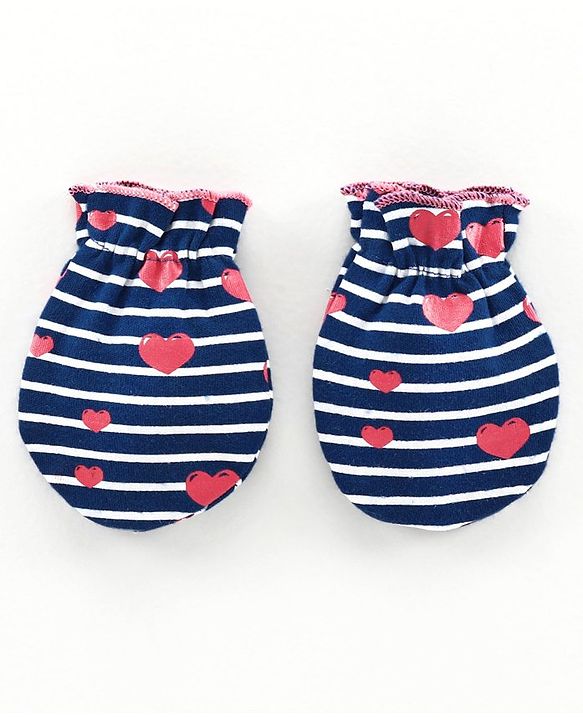 Babyhug 100% Cotton Cap, Mitten & Booties Striped Print Navy Blue - Diameter 10.5 cm