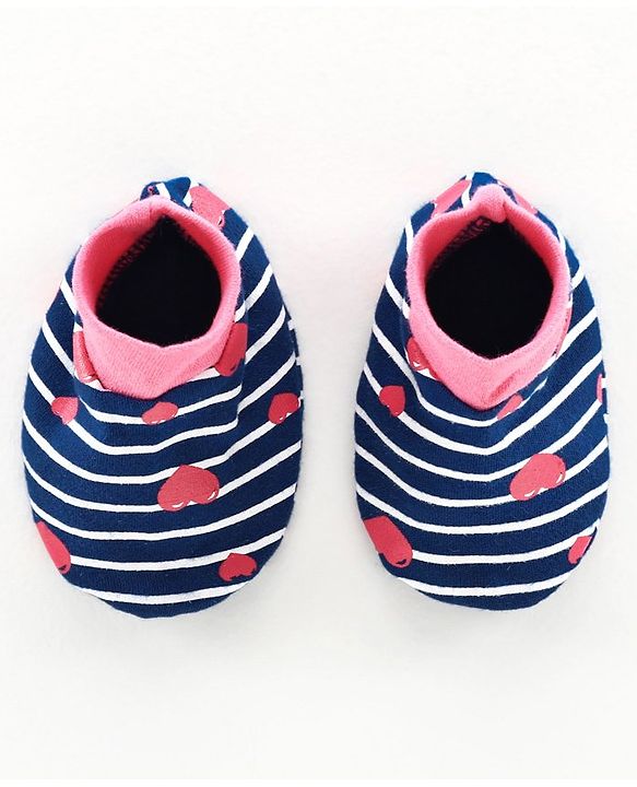 Babyhug 100% Cotton Cap, Mitten & Booties Striped Print Navy Blue - Diameter 10.5 cm