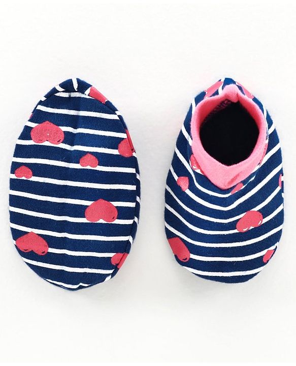 Babyhug 100% Cotton Cap, Mitten & Booties Striped Print Navy Blue - Diameter 10.5 cm