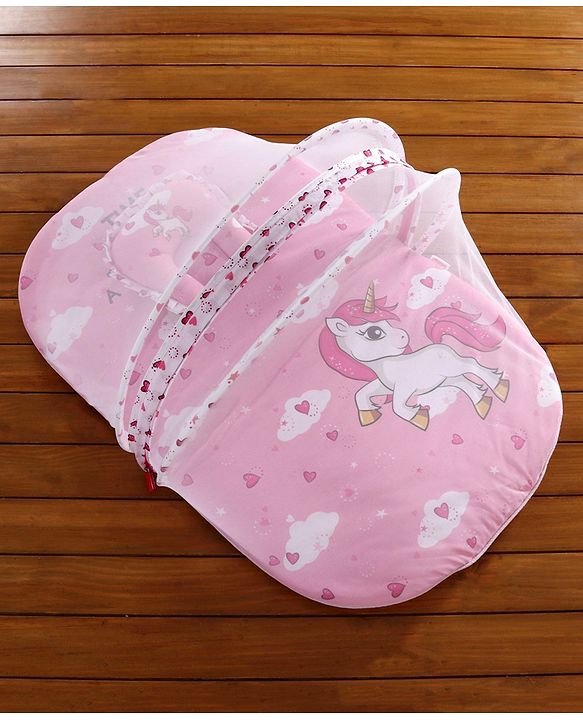 Babyhug Mosquito Net Set With Mattress Unicorn Print - Pink