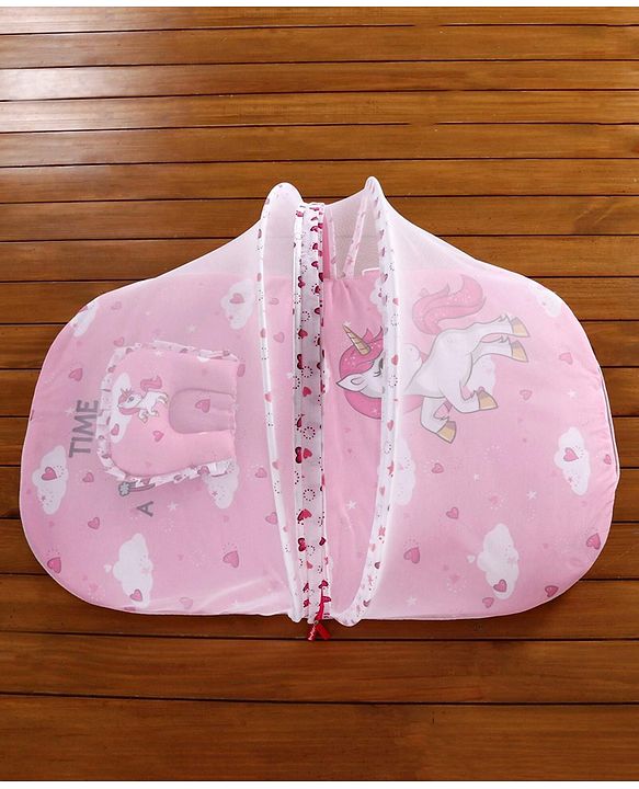 Babyhug Mosquito Net Set With Mattress Unicorn Print - Pink