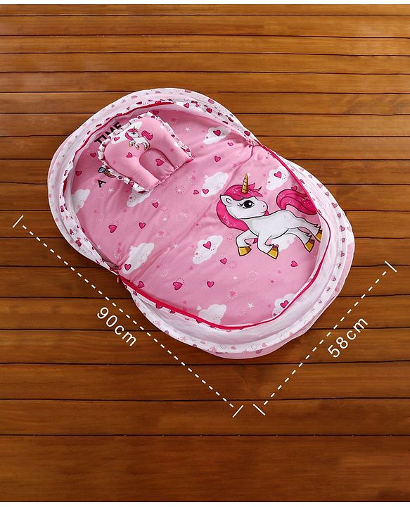Babyhug Mosquito Net Set With Mattress Unicorn Print - Pink