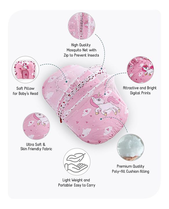 Babyhug Mosquito Net Set With Mattress Unicorn Print - Pink