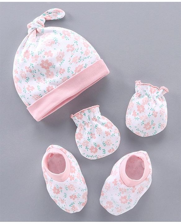 Babyhug 100% Cotton Cap Mitten & Booties Set Pink - Diameter 10 cm