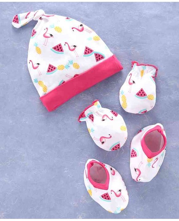Babyhug 100% Cotton Cap Mitten & Booties Pink - Diameter 11.5 cm
