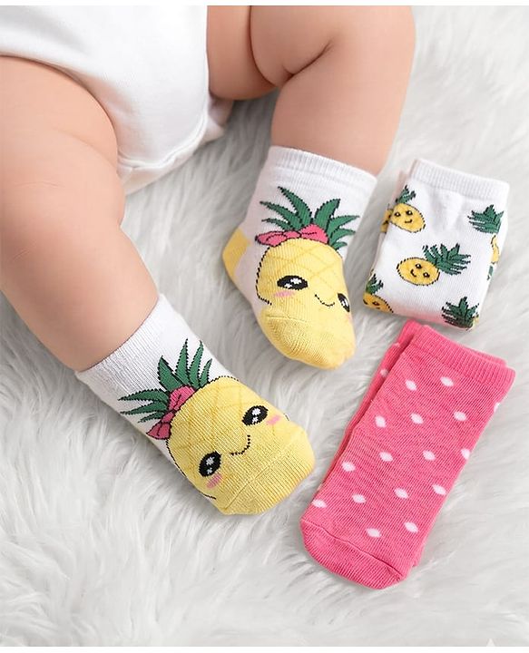 Cute Walk by Babyhug Anti-bacterial Ankle Length Socks Pineapple Design Pack of 3 - White Pink