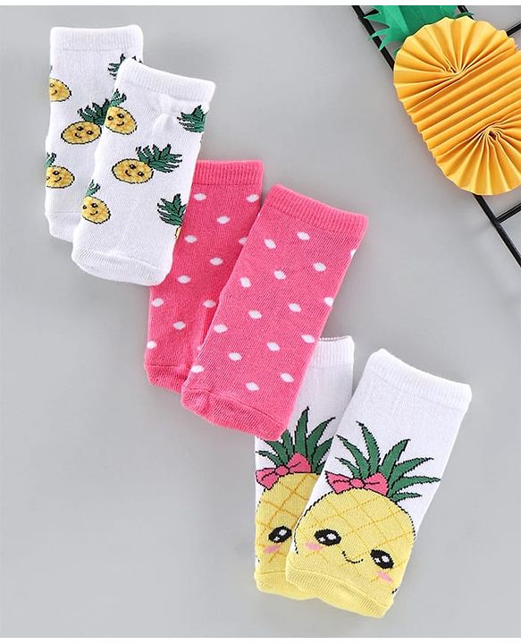 Cute Walk by Babyhug Anti-bacterial Ankle Length Socks Pineapple Design Pack of 3 - White Pink