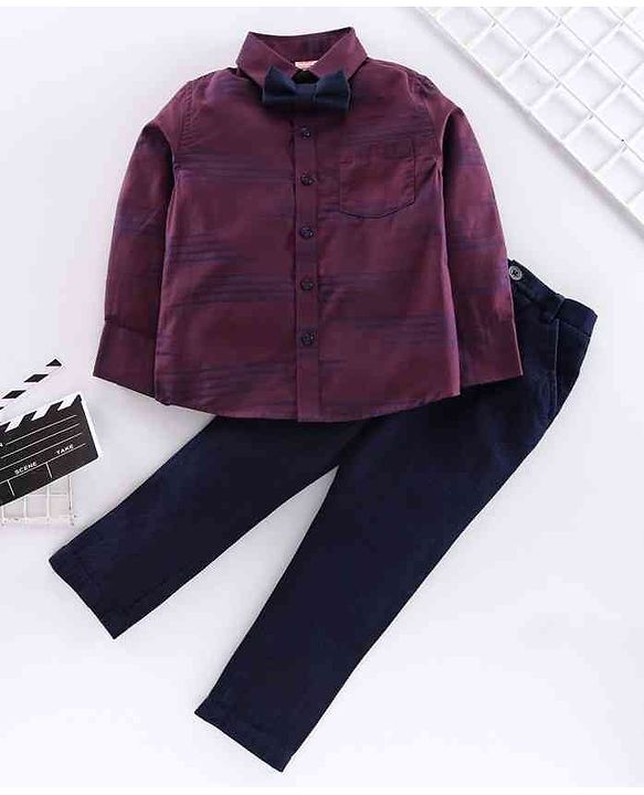 Babyhug Full Sleeves Shirt with Bow & Trouser Set - Maroon Blue