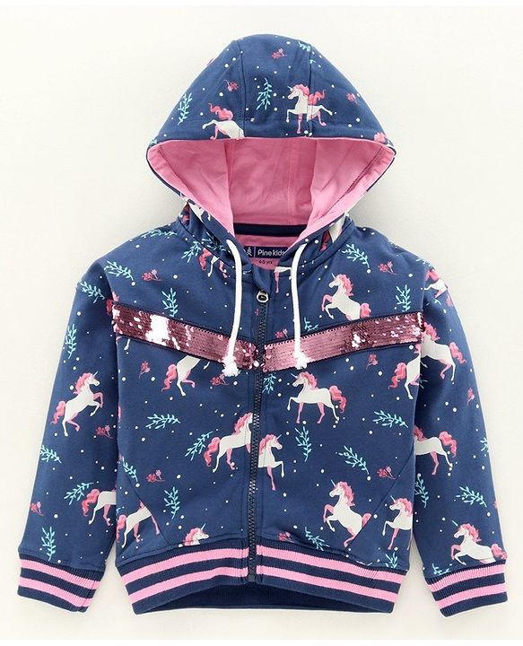 Pine Kids Full Sleeves Biowashed Hooded Sweat Jacket Reversible Sequin Detailing - Navy Blue