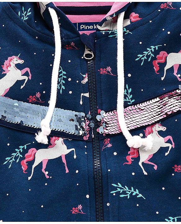 Pine Kids Full Sleeves Biowashed Hooded Sweat Jacket Reversible Sequin Detailing - Navy Blue