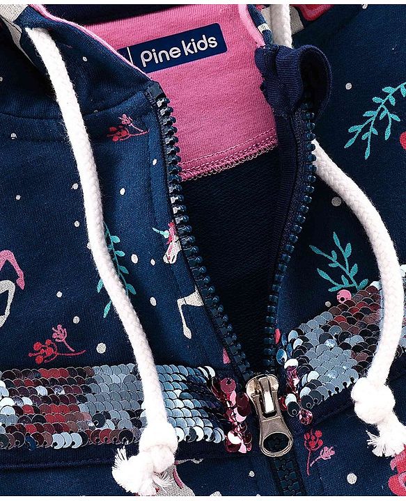 Pine Kids Full Sleeves Biowashed Hooded Sweat Jacket Reversible Sequin Detailing - Navy Blue