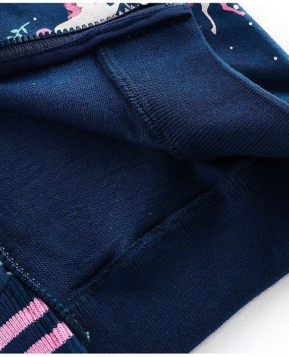 Pine Kids Full Sleeves Biowashed Hooded Sweat Jacket Reversible Sequin Detailing - Navy Blue