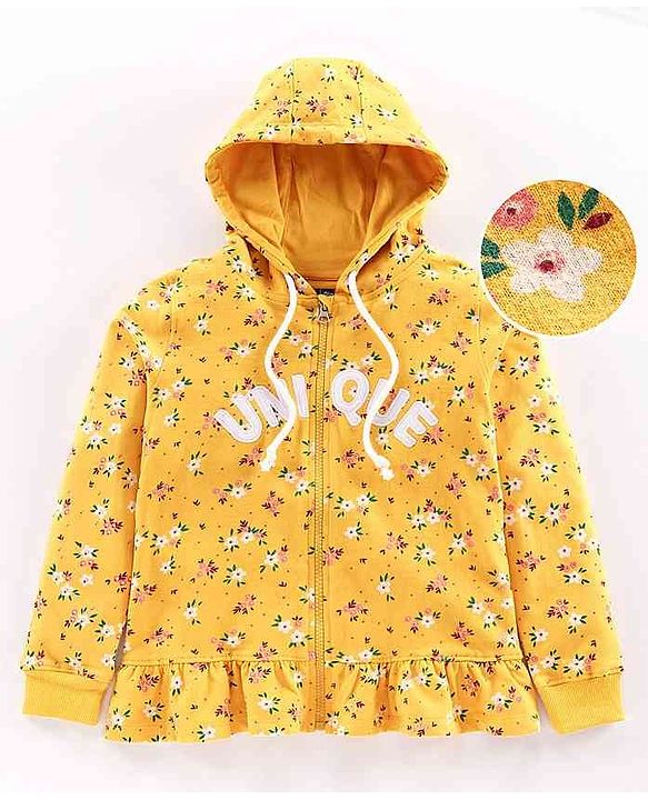 Pine Kids Full Sleeves Printed Biowashed Hooded Sweat Jacket Unique Embroidery - Yellow