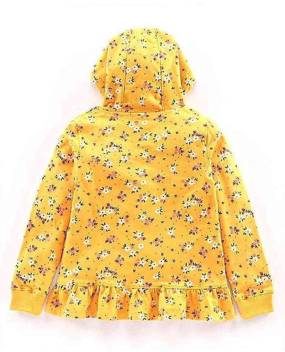 Pine Kids Full Sleeves Printed Biowashed Hooded Sweat Jacket Unique Embroidery - Yellow