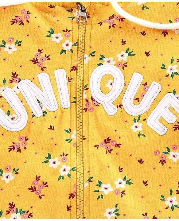 Pine Kids Full Sleeves Printed Biowashed Hooded Sweat Jacket Unique Embroidery - Yellow