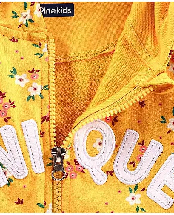 Pine Kids Full Sleeves Printed Biowashed Hooded Sweat Jacket Unique Embroidery - Yellow