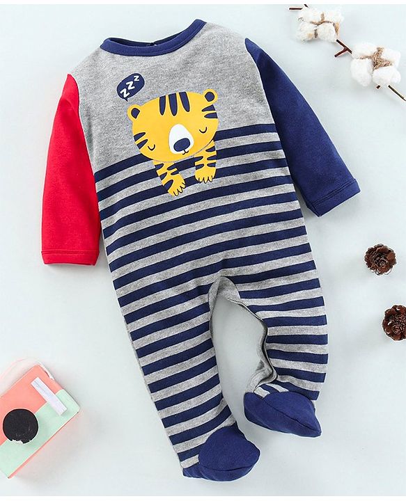 Babyhug Full Sleeves Footed Sleep Suit Striped Print - Blue
