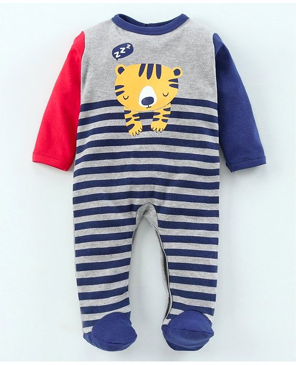 Babyhug Full Sleeves Footed Sleep Suit Striped Print - Blue
