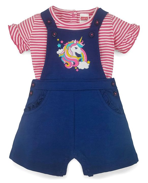 Babyhug Glitter Print Dungaree With Half Sleeves Tshirt - Blue