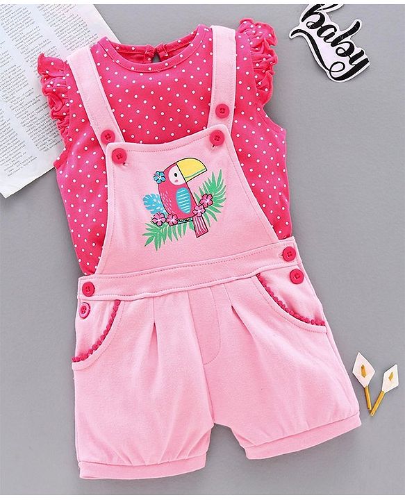 Babyhug Dungaree with Inner Tee Bird Print - Pink
