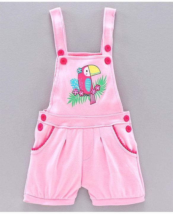 Babyhug Dungaree with Inner Tee Bird Print - Pink