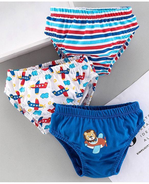 Babyhug 100%Cotton Anitbacterial Briefs Aeroplane Print Pack of 3 - Blue White