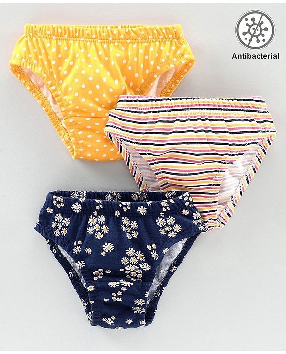 Babyhug 100% Cotton Antibacterial Panties Pack of 3 - Yellow Navy Blue