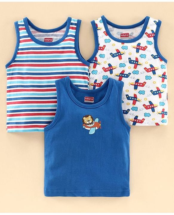 Babyhug 100% Cotton Antibacterial Vest Aeroplane Print Pack of 3 - Blue