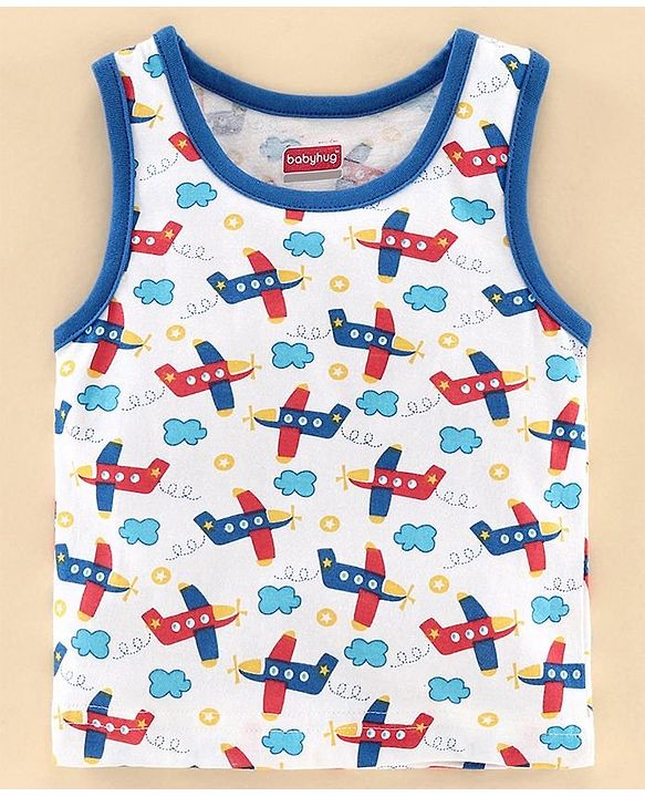 Babyhug 100% Cotton Antibacterial Vest Aeroplane Print Pack of 3 - Blue