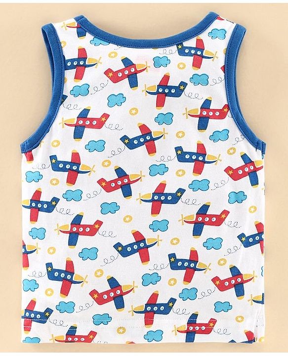 Babyhug 100% Cotton Antibacterial Vest Aeroplane Print Pack of 3 - Blue