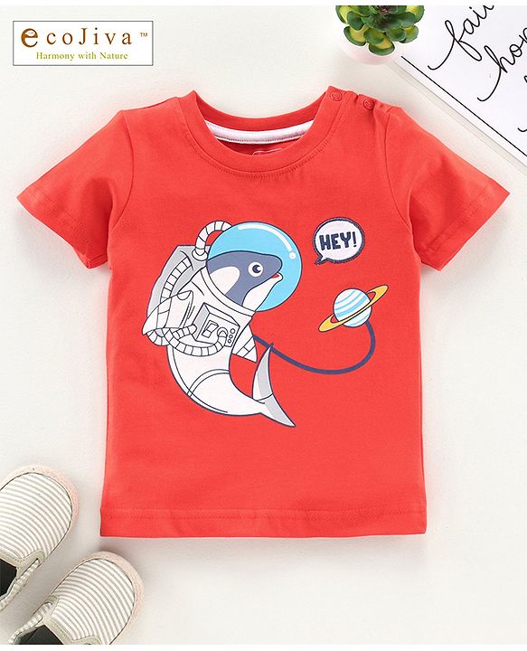 Babyhug Half Sleeves Anti Bacterial & Biowashed Tee Dolphin Print - Red